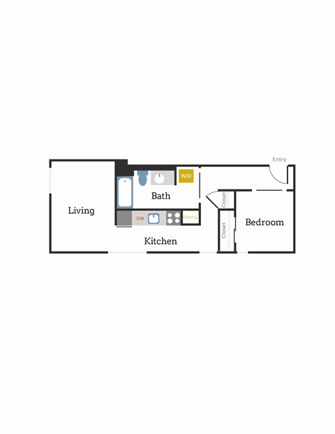 Floor plan for 1 bed, 1 bath, 640 sqft